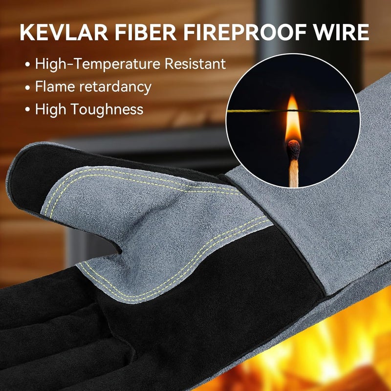 OZERO 932â„‰ Grill BBQ Gloves 16-inch Heat Resistant Leather Forge Welding Glove with Flame Retardant Long Sleeve and Insulated Lining for Men and Women Black-gray - Image 4